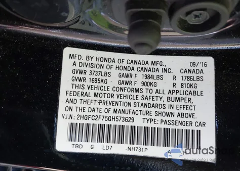 2016 Honda Civic Ex z USA, uszkodzony, nr VIN 2HGFC2F75GH573629